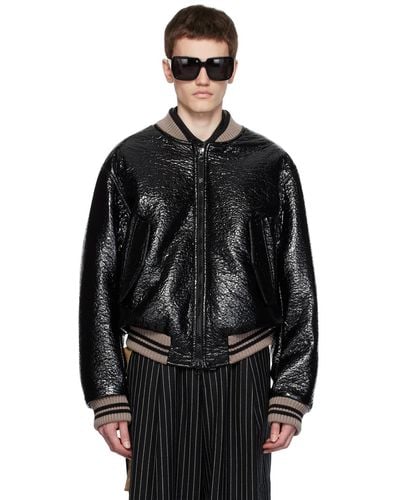 Dries Van Noten Black Crinkled Faux-leather Bomber Jacket
