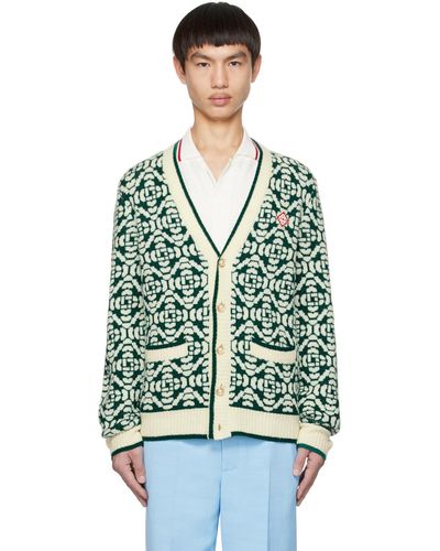 Casablancabrand Cardigan vert et blanc à motif à logo en tricot jacquard