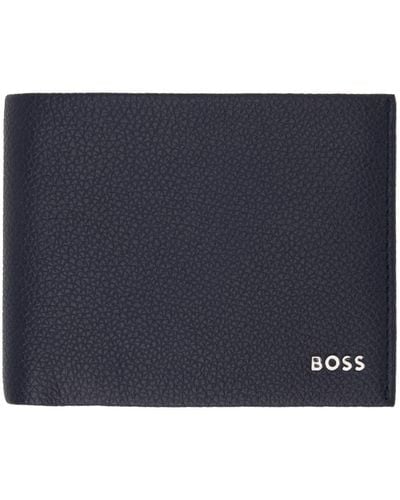 BOSS ネイビー グレインレザー レタリングロゴ 財布 - ブルー