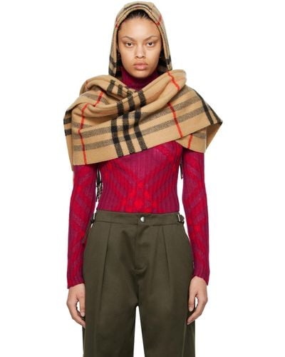 Burberry Beige Check Wool Cashmere Hooded Scarf - Red