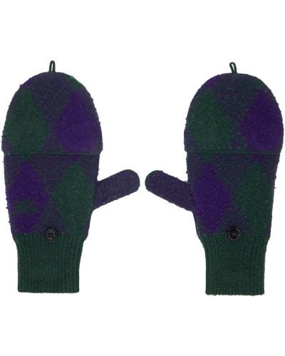 Burberry Green & Purple Argyle Wool Mittens - Blue