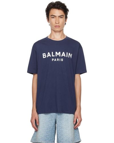 Balmain ネイビー ロゴプリント Tシャツ - ブルー