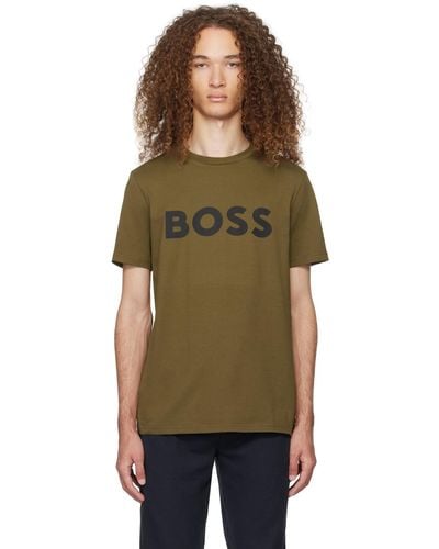 BOSS カーキ ロゴプリント Tシャツ - マルチカラー