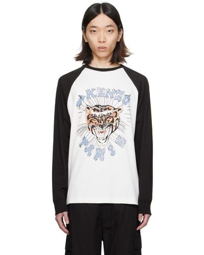 KENZO T-shirt à manches longues blanc et noir à image de tigre modifiée