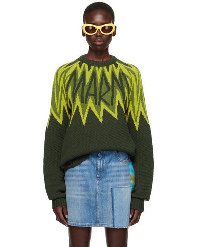 Marni Pull vert à rayures et logo en tricot jacquard