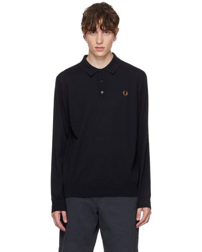 Fred Perry Navy Embroidered Long Sleeve Polo - Black