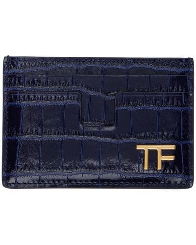 Tom Ford Porte-cartes bleu marine en cuir gaufré façon croco