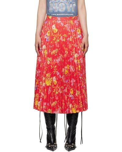 Balenciaga Floral Leather Midi Skirt - Red
