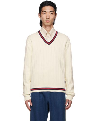 Gucci Off- Knit Web V-neck Sweater - White