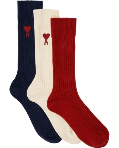 Ami Paris Three-pack Multicolor Ami De Cœur Socks - Red