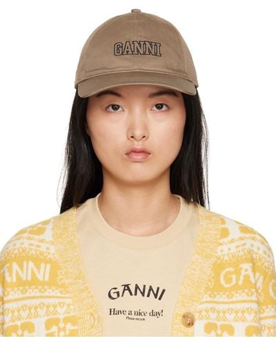 Ganni Taupe Embroidered Cap - Natural