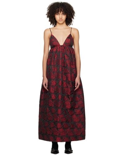 Ganni Black & Red Botanical Jacquard Maxi Dress