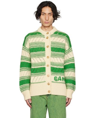Ganni Off-white Striped Cardigan - Green