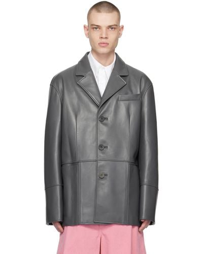 WOOYOUNGMI Grey Panelled Leather Jacket - Black