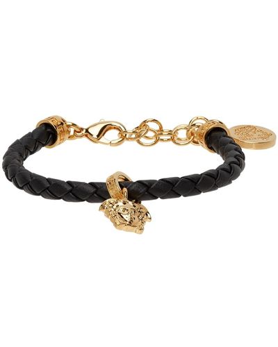 Versace Black & Gold Leather Braided Charm Bracelet - Multicolor