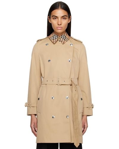 Burberry Beige Check Trench Coat - Natural