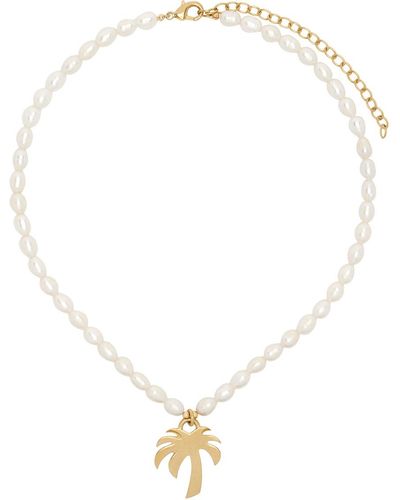 Palm Angels Collier blanc à perles et pendentif graphique