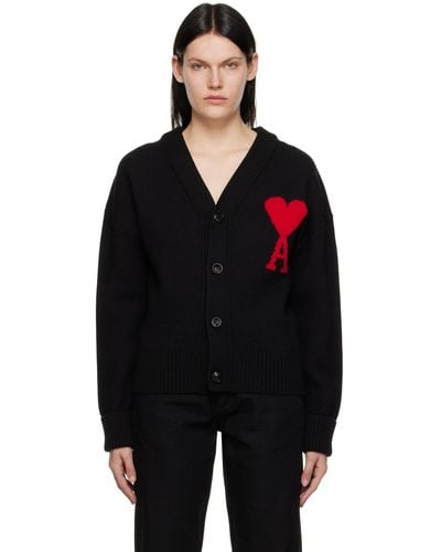 Ami Paris + Net Sustain Intarsia Merino Wool Cardigan - Black