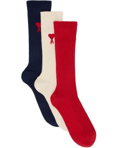 Ami Paris Three-pack Multicolour Ami De Cœur Socks - Red