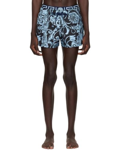 Versace Blue Barocco Stencil Swim Shorts - Black