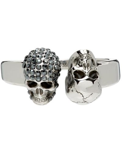 Alexander McQueen Silver Pavé Twin Skull Ring - Multicolour