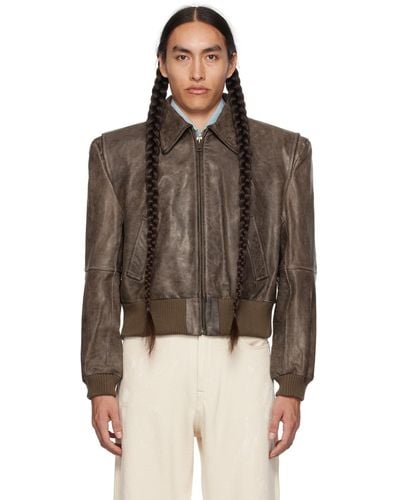 R13 Grey Americana Leather Jacket - Brown