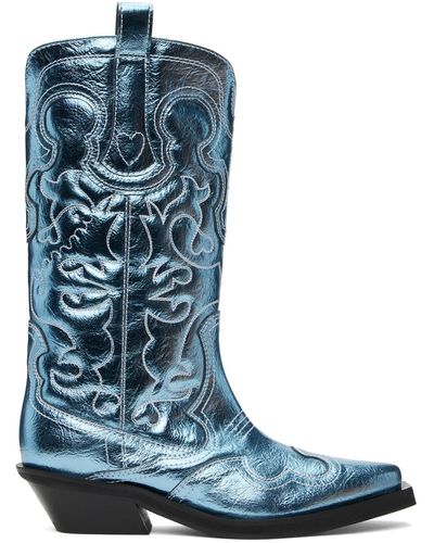 Ganni Metallic Mid Shaft Embroide Western Boots - Blue