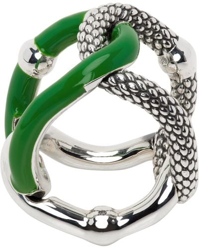 Bottega Veneta Silver & Green Intreccio Chain Ring