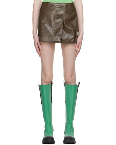 Ganni Brown Patent Faux-leather Miniskirt - Green