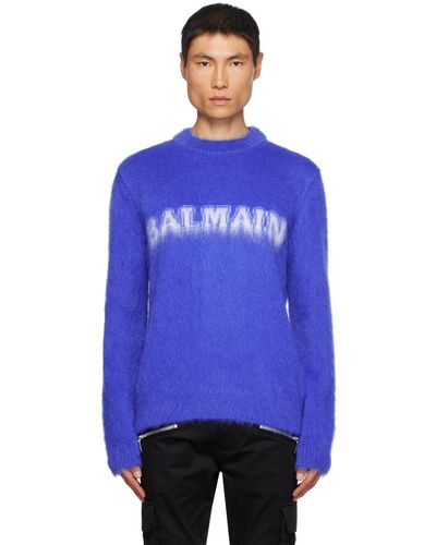 Balmain Pull bleu en tricot brossé