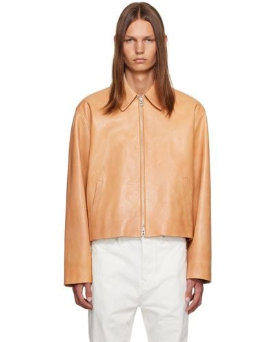 Jil Sander Beige Spread Collar Leather Jacket - Multicolor