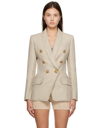 Balmain Button-embossed Double Breasted Linen Blazer - Natural
