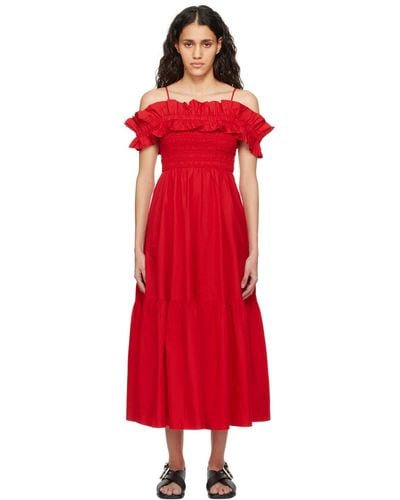 Ganni Smock Midi Dress - Red