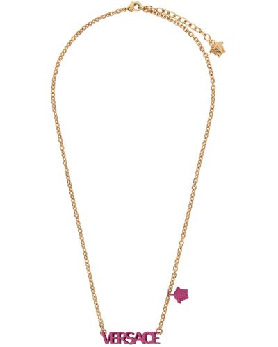 Versace Gold & Burgundy Logo Charm Necklace - Metallic