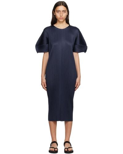 Pleats Please Issey Miyake Navy Monthly Colors August Midi Dress - Black
