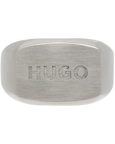 HUGO Silver Logo Ring - Gray