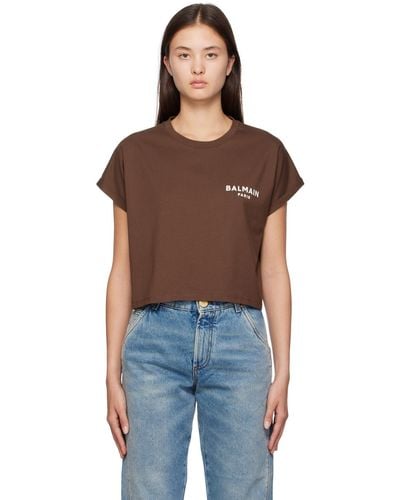 Balmain ブラウン フロックロゴ Tシャツ - ブラック