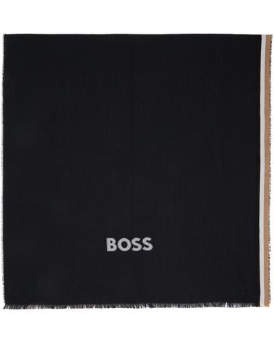 BOSS Écharpe noire à rayures et à logo en tissu jacquard