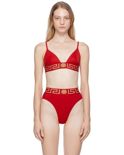 Versace Haut de bikini rouge à motif à clé grecque