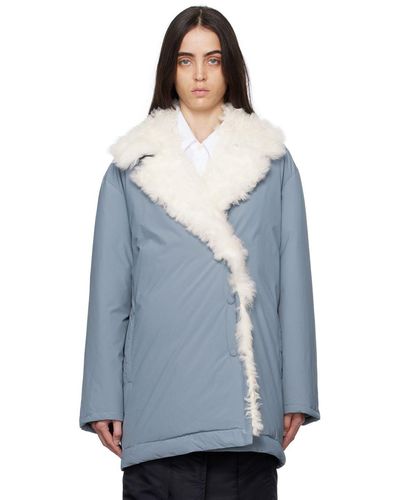 Yves Salomon Ssense Exclusive Blue Single-breasted Shearling Down Coat