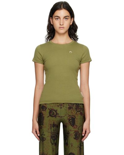 Marine Serre カーキ 刺繍 Tシャツ - グリーン
