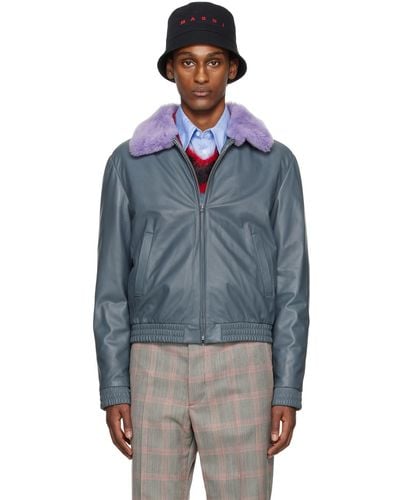 Marni Gray Contrast Leather Jacket - Blue