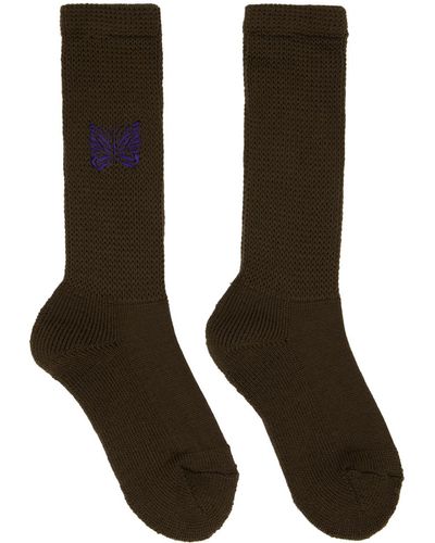 Needles Brown Embroidered Socks - Black