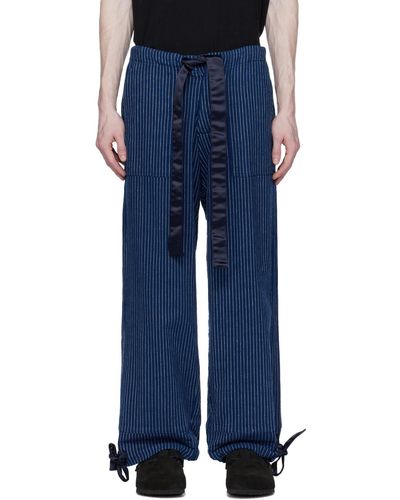 Greg Lauren Pantalon bleu marine à rayures fines