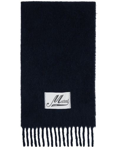 Marni Écharpe bleu marine en tricot brossé d'alpaga à écusson à logo