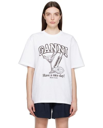 Ganni Cocktail-print Organic And Recycled-cotton T-shirt - White