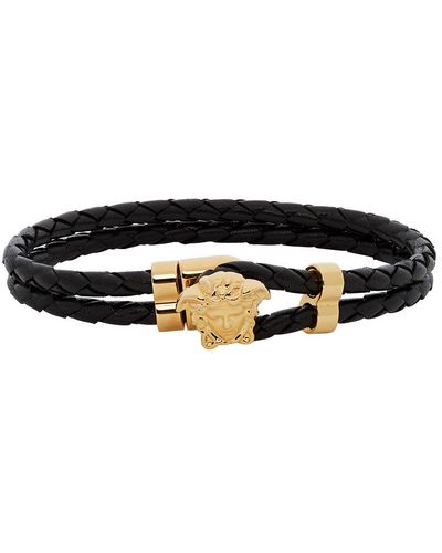 Versace Bracelet en cuir noir et dore Medusa