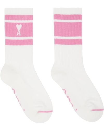 Ami Paris White & Pink Ami De Cœur Striped Socks