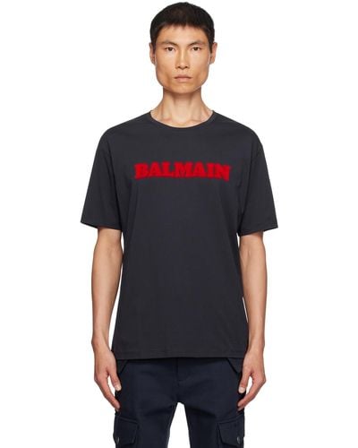 Balmain ネイビー Retro フロックロゴ Tシャツ - ブラック