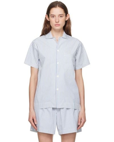 Tekla ホワイト&ブルー 半袖 パジャマシャツ